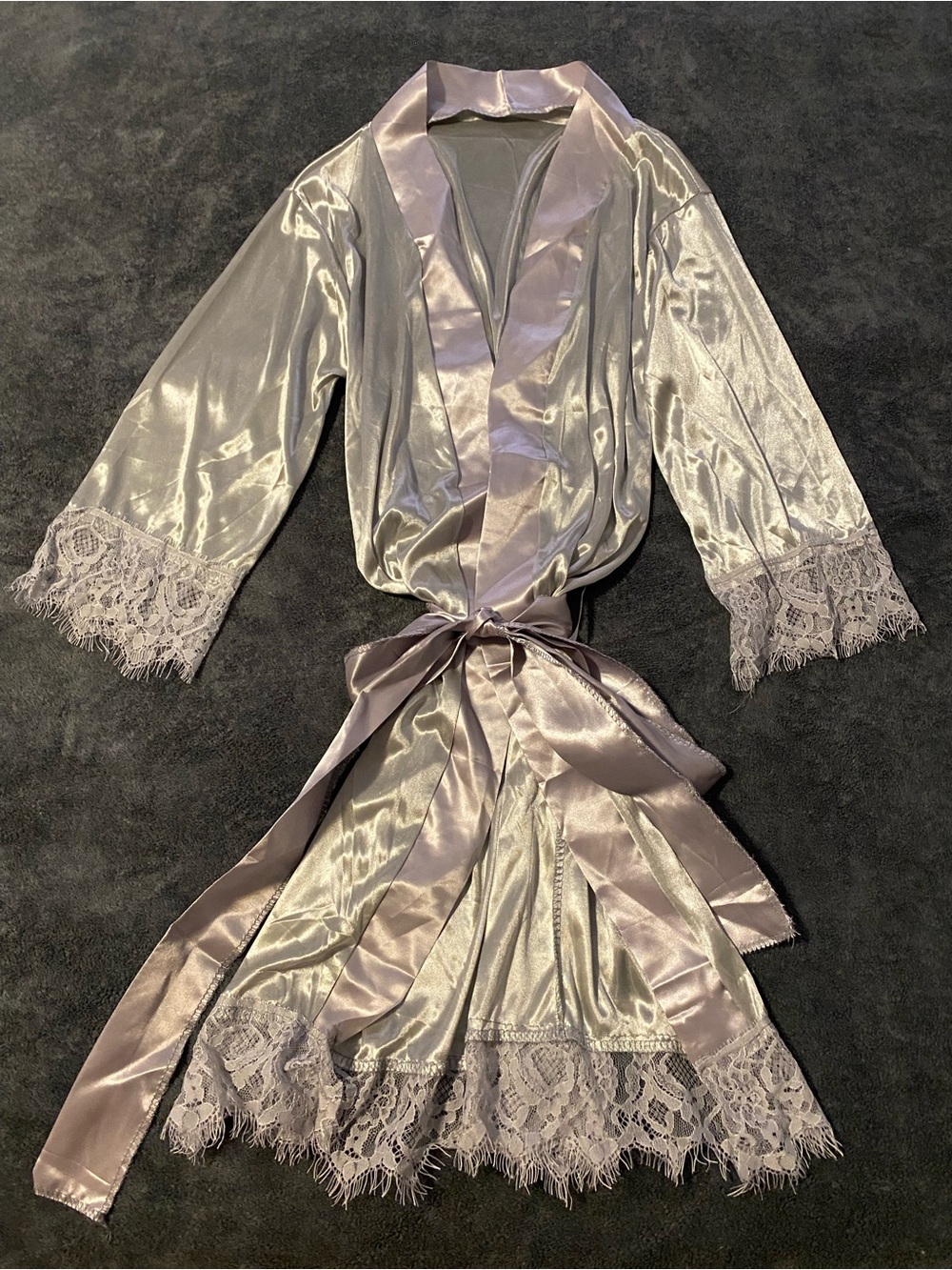 Amazon Satin Lace-Trim Robe in Shimmery Silver